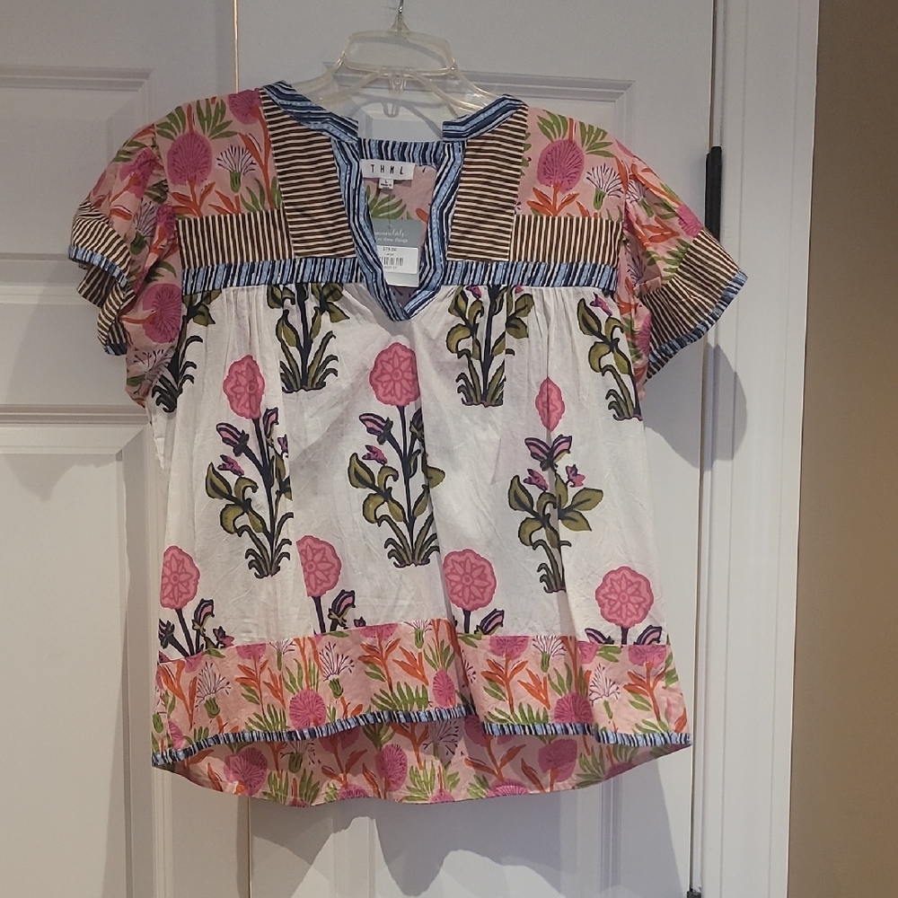 THML Pink and Blue Floral Blouse